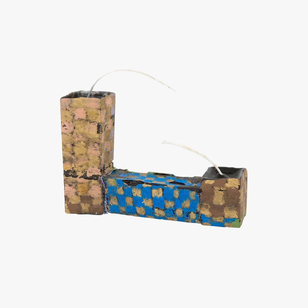 L in blue, gold, brown, green and pink